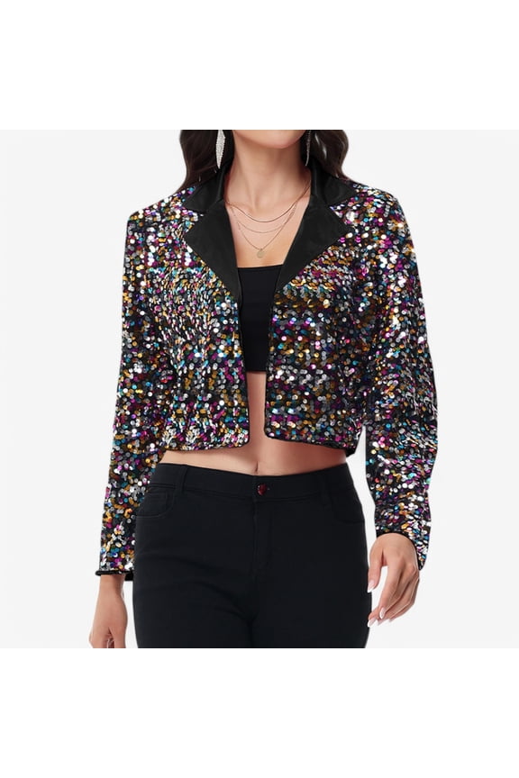 Women's Sequin Cropped Blazer Long Sleeve Sparkly Open Front Jacket - Medium, Multicolored
