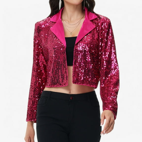 Women's Sequin Cropped Blazer Long Sleeve Sparkly Open Front Jacket - Small, Fushia