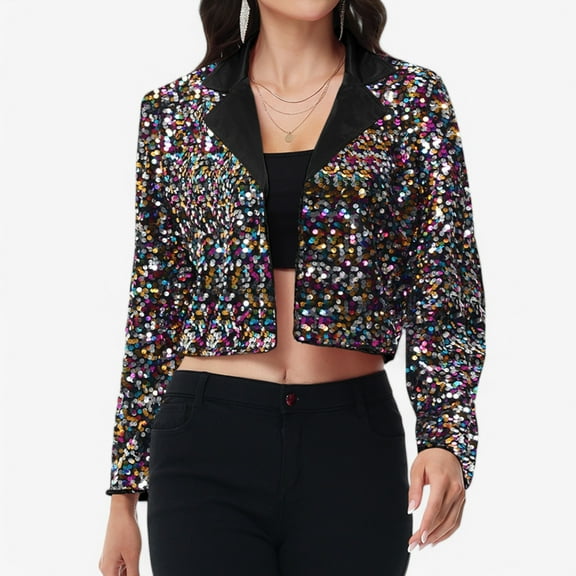 Women's Sequin Cropped Blazer Long Sleeve Sparkly Open Front Jacket - Small, Multicolored
