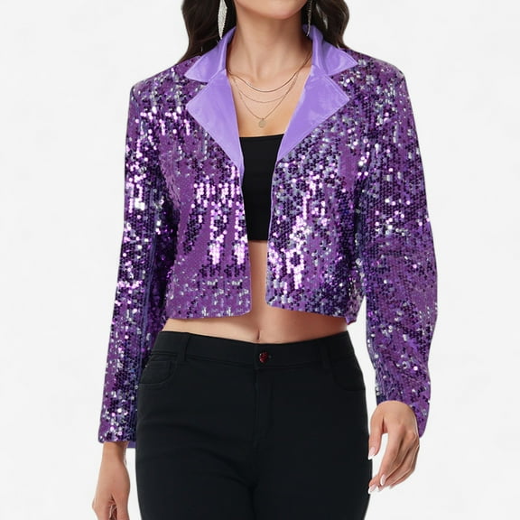 Women's Sequin Cropped Blazer Long Sleeve Sparkly Open Front Jacket - Small, Purple and Silver