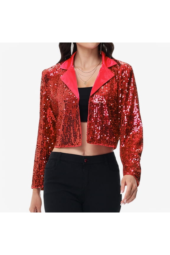 Women's Sequin Cropped Blazer Long Sleeve Sparkly Open Front Jacket - Small, Red