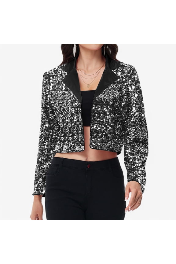 Women's Sequin Cropped Blazer Long Sleeve Sparkly Open Front Jacket - X Large, Black and Silver