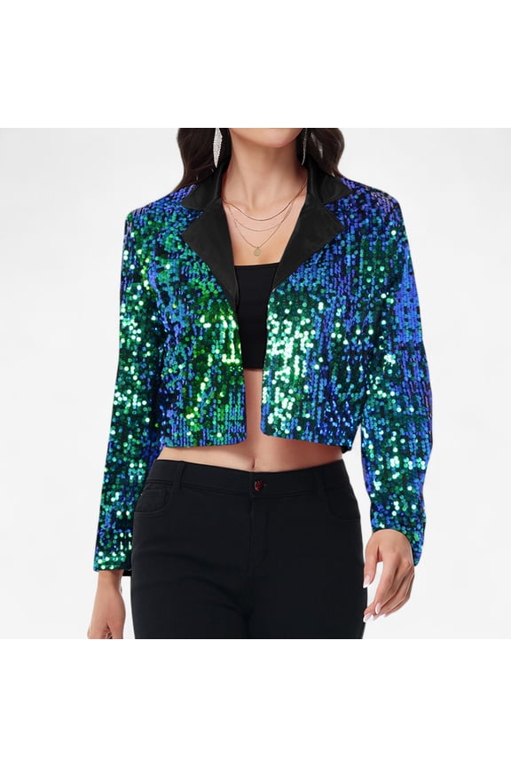 Women's Sequin Cropped Blazer Long Sleeve Sparkly Open Front Jacket - X Large, Mermaid