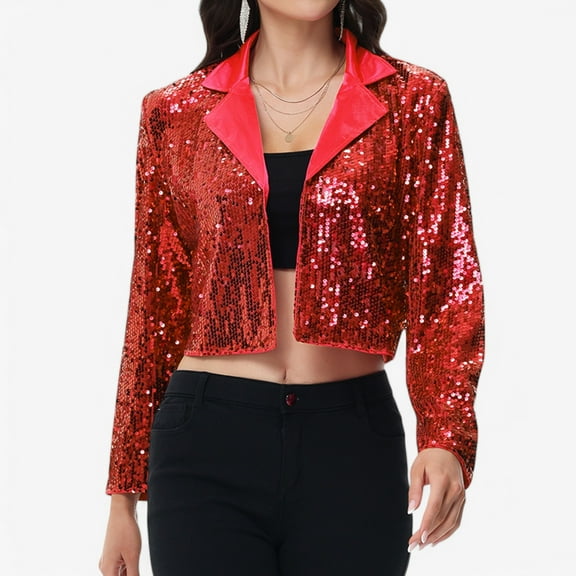 Women's Sequin Cropped Blazer Long Sleeve Sparkly Open Front Jacket - X Large, Red