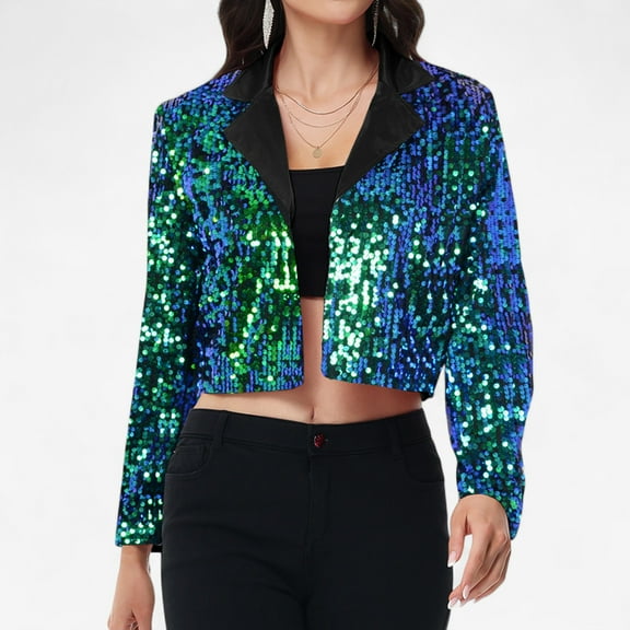 Women's Sequin Cropped Blazer Long Sleeve Sparkly Open Front Jacket - XX Large, Mermaid