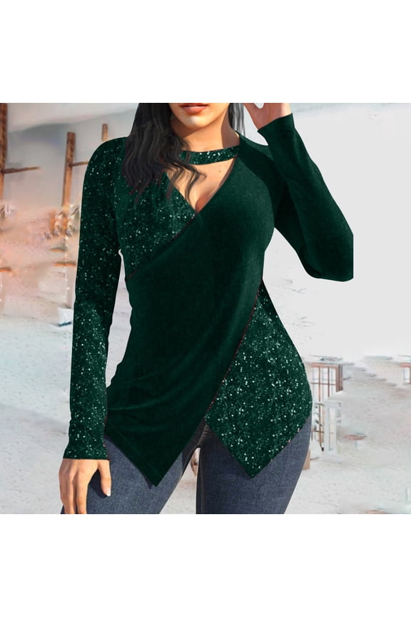 Women's Sequin Cross Over Halter Top, Long Sleeve Patchwork Blouse, Asymmetical One Shoulder Glitter Top, Velour and Sequin Mix, Evening Party Wear, Fashion Novelty Top Blackish Green L
