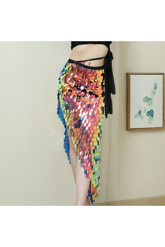 Women's Sequin Dance Skirt Sparkly Fringe Tie-Wrap Skirt with Side Slit Carnival Costume Skirt S