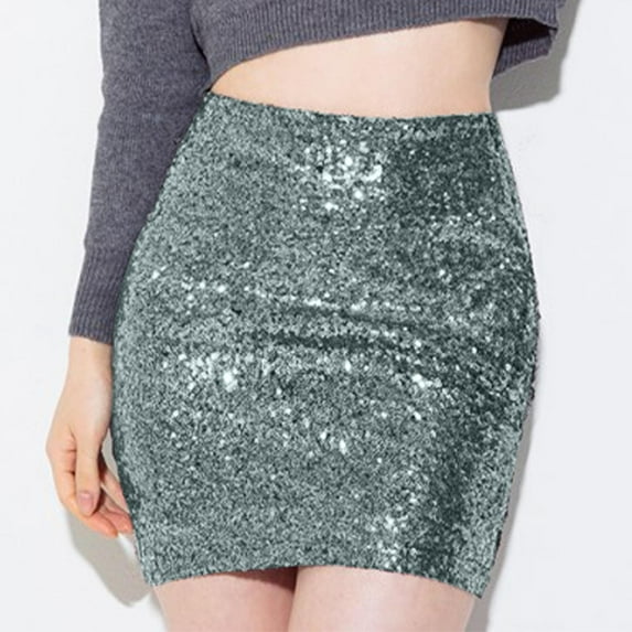 Women's Sequin Dance Skirts Stretchy Bodycon Mini Skirt Sparkle Pencil Skirt New Year Eve Party Skirt Silver M