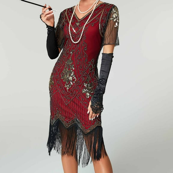 Women's Sequin Dress Lonng Sleeve V Neck Bodycon Dress Sparkle Party Disco Club Dress Ladies Plus Size Formal Cocktail Clubwear Casual Evening Mini Dresses Red M