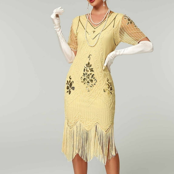 Women's Sequin Dress Lonng Sleeve V Neck Bodycon Dress Sparkle Party Disco Club Dress Ladies Plus Size Formal Cocktail Clubwear Casual Evening Mini Dresses Beige L