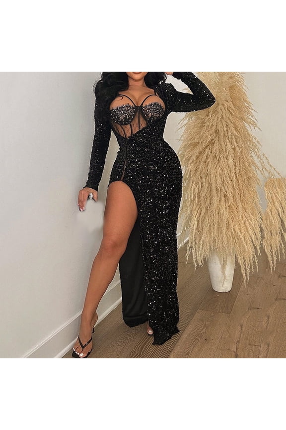 Women's Sequin Dress, One Shoulder Long Sleeve Bodycon Dress with High Slit, Two Piece Evening Dress Set for Party, Wedding, Club