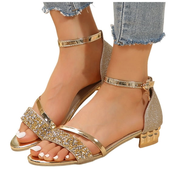 Women's Sequin Dress Sandals for Ladies Bride Wedding Bling Metallic Gold Low Heels Dressy Summer Shoes