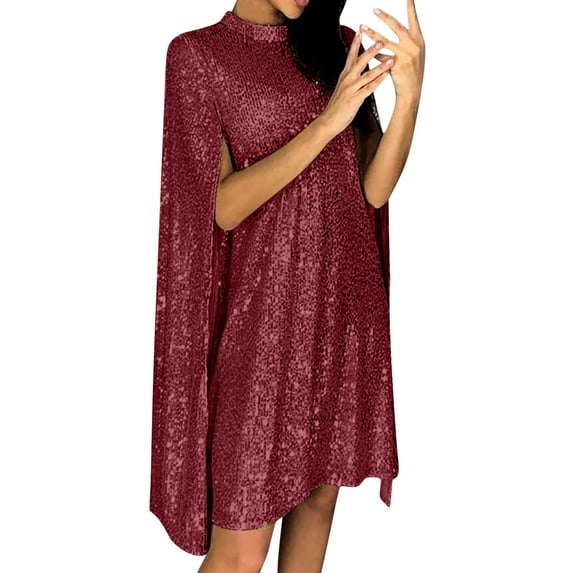 Women's Sequin Dresses Elegant Cape-Sleeve Mini Dress Vintage Holiday Party Evening Dress Wine M