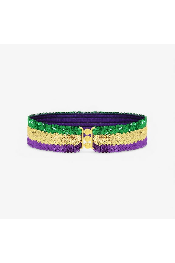 Women's Sequin Elastic Waist Belt with Gold Tone Clasp - Small/Medium, Mardi Gras