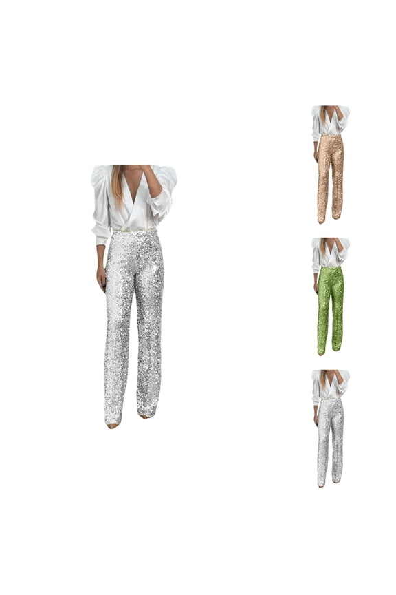 Women's Sequin Elastic Waist Slim Fit Flare Bell Bottom Pants, Sparkly Solid Color Party Fashion Pants