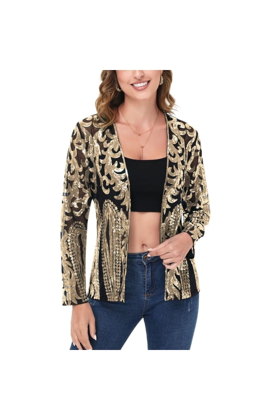 Women's Sequin Embellished Open-Front Cardigan with Sheer Mesh Long Sleeves - Medium, Gold