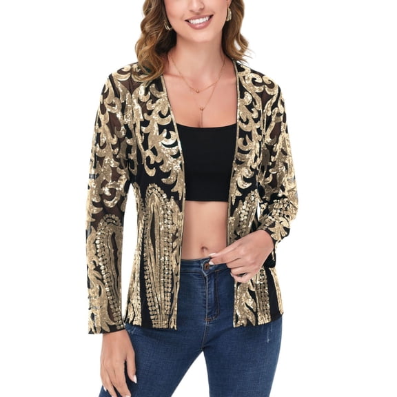 Women's Sequin Embellished Open-Front Cardigan with Sheer Mesh Long Sleeves - Small, Gold