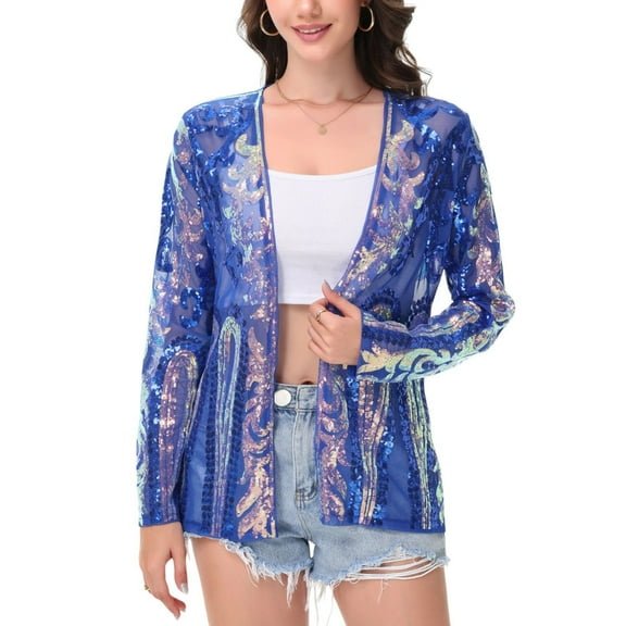 Women's Sequin Embellished Open-Front Cardigan with Sheer Mesh Long Sleeves - X Large, Gold Blue