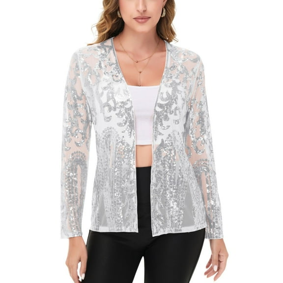 Women's Sequin Embellished Open-Front Cardigan with Sheer Mesh Long Sleeves - X Large, Silver