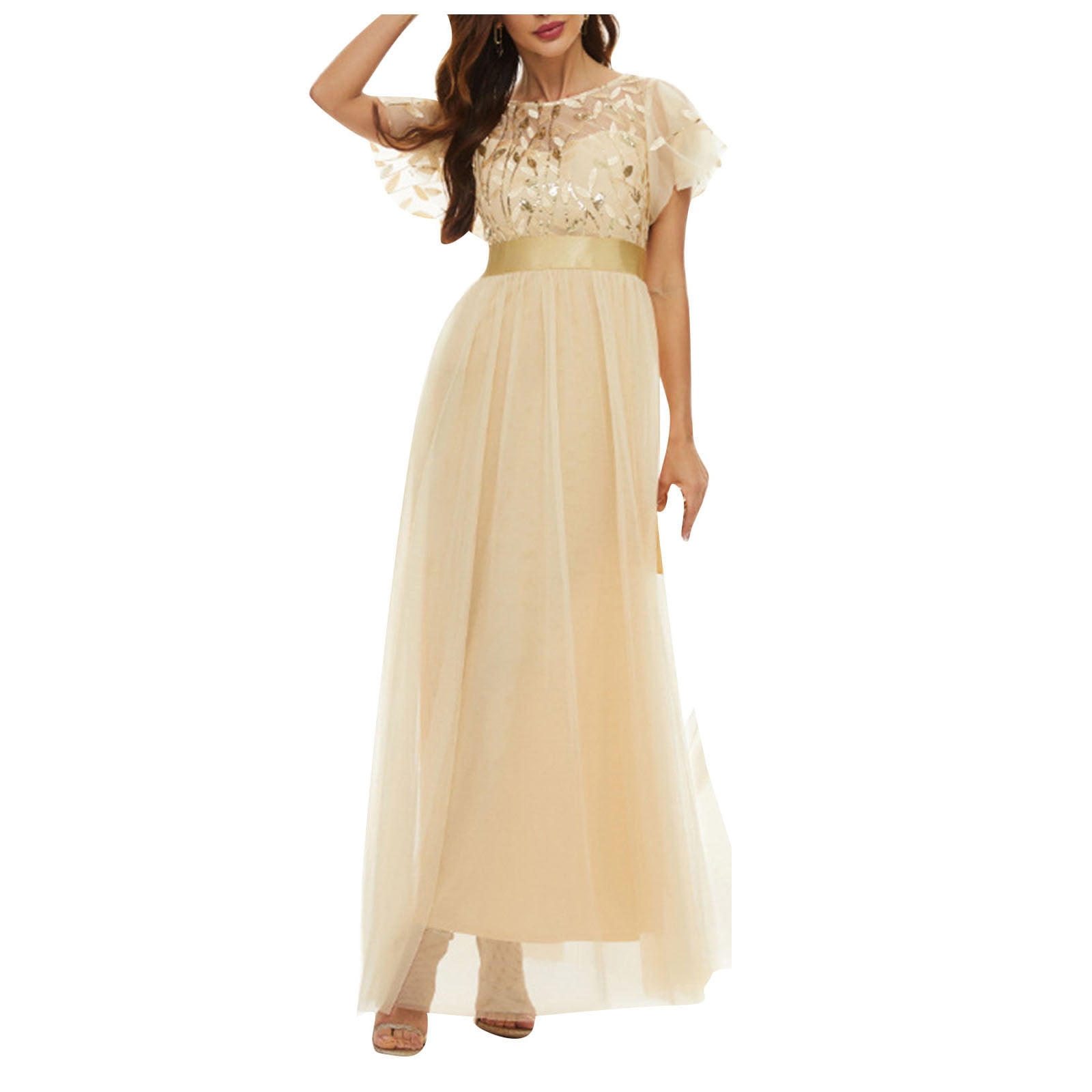 Women's Sequin Embroidery Maxi Dress Empire Waist Tulle Wedding Guest Dress  Elegant Long Evening Dresses Prom Gowns - Walmart.com