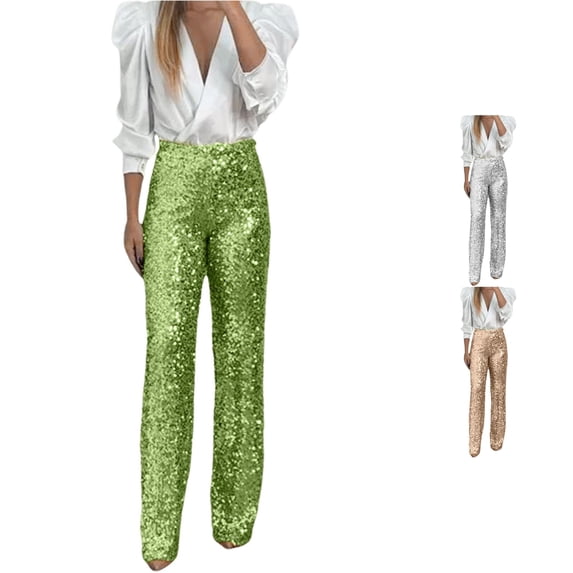 Women's Sequin Flare Pants - Elastic High Waist Slim Fit Sparkly Trousers with Bell Bottom for Party Night