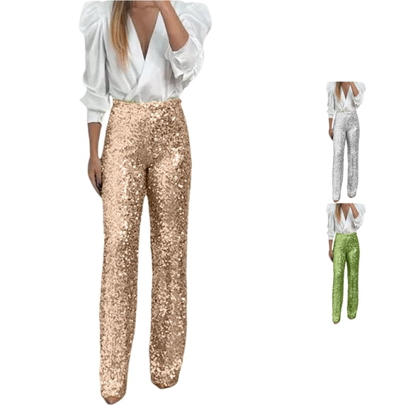 Women's Sequin Flare Pants - Elastic High Waist Slim Fit Sparkly Trousers with Bell Bottom for Party Night
