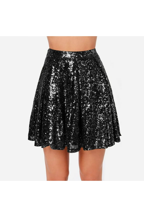 Women’s Sequin Flare Skirt Sparkly Stretchy High Waisted A-Line Flowy Glitter Mini Skirts for Dance Party Black M