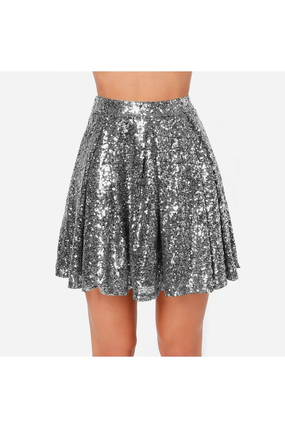 Women’s Sequin Flare Skirt Sparkly Stretchy High Waisted A-Line Flowy Glitter Mini Skirts for Dance Party Dark Gray M