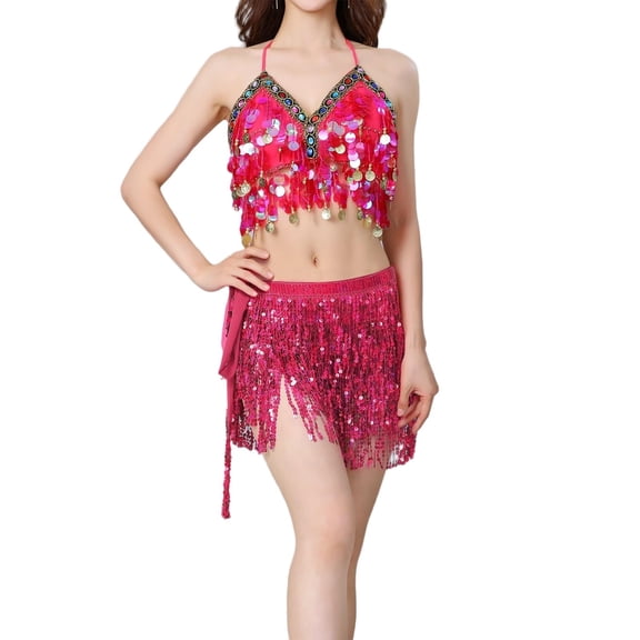 Women's Sequin Fringe Belly Dance Two Piece Set Sleeveless Chest Pads Cropped Tops Beaded Solid Outfit for Carnival Hot Pink Free Size
