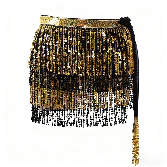 Women's Sequin Fringe Mini Skirt, Sparkly Tassel Belly Dance Hip Scarf Wrap for Rave Festival Disco Party
