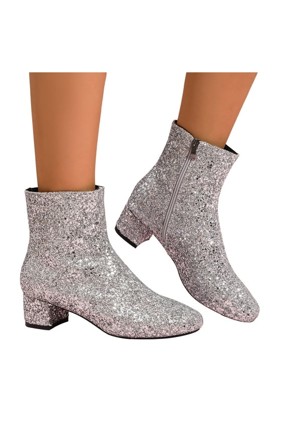 Women's Sequin Glitter Ankle Boots Block Chunky Heel Rhinestone Western Sock Booties Side Zipper Wedding Bridal Party Dress Shoes