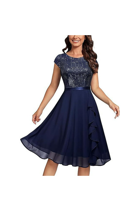 Women's Sequin Glitter Cocktail Dress Elegant Formal Party Gown for Wedding Guest Polyester Solid Sparkly Midi Dress with Comfort Fit Spring Summer Winter Occasion