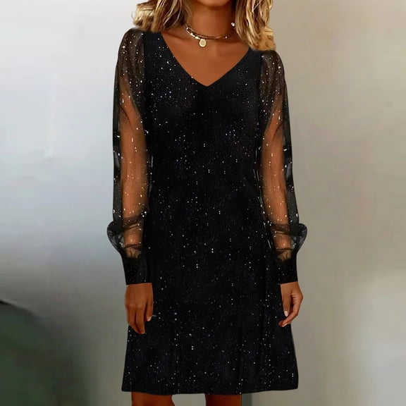 Women's Sequin Glitter Dress with Sheer Mesh Sleeves, Long Sleeve V Neck Bodycon Midi Dress, Sparkly Evening Dress for Party, New Year, Club and Special Occasions Black L