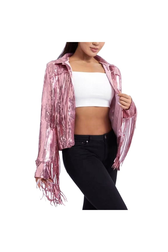 Women's Sequin Glitter Jacket Shiny Disco Coat with Tassel Fringe Hem 90s Retro Streetwear Fashion Outerwear