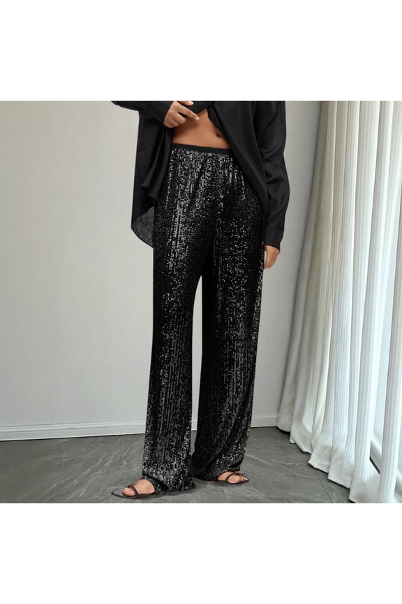 Women's Sequin Glitter Pants, High Waisted Wide Leg Party Pants, Elastic Waist Casual Trousers for Women, Fashionable Glitter Dance Pants for Daily and Entertainment Black L