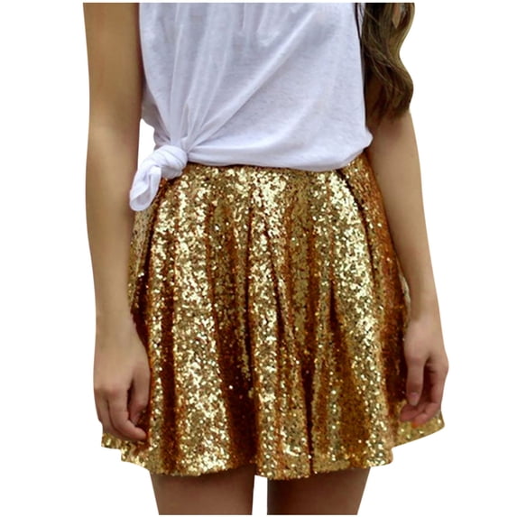 Women's Sequin Glitter Pleated A-Line Flared Mini Skirts Elastic High Waist Skater Skirts for Club Night Out Dance Skirts for Women