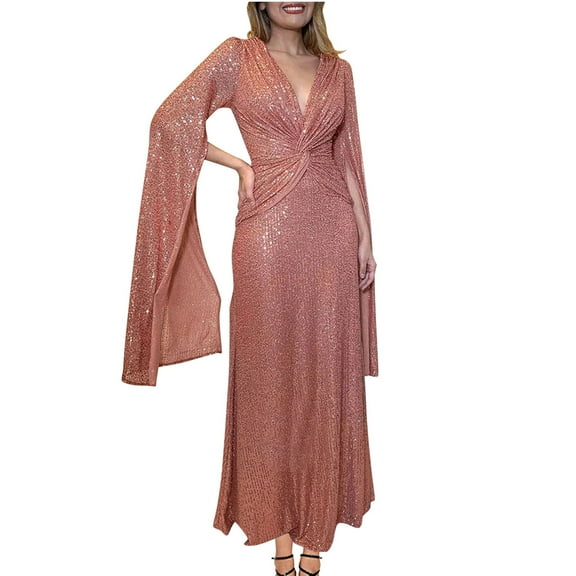 Women's Sequin Glitter Prom Formal Dress Long Cape Sleeve V Neck Twist Ruched Long Dress Evening Cocktail Party Maxi Gown Dresses