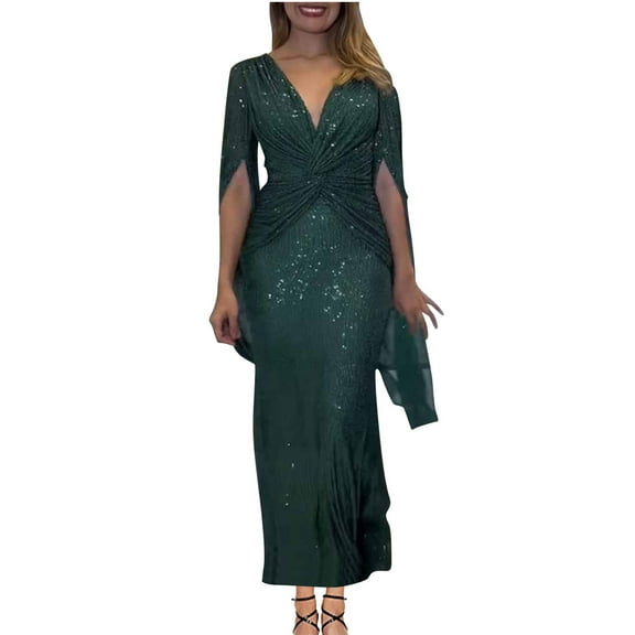 Women's Sequin Glitter Prom Formal Dress Long Cape Sleeve V Neck Twist Ruched Long Dress Evening Cocktail Party Maxi Gown Dresses