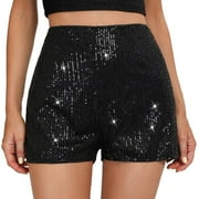 POSECA Women's Sequin Glitter Shorts High Waisted Sparkly Stretch Booty Shorts for Clubwear Rave Party, Black Small Size