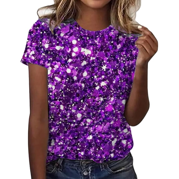 Women's Sequin Graphic Sparkly Short Sleeve Crew Neck Casual Tunic Top for Party and Daily Wear