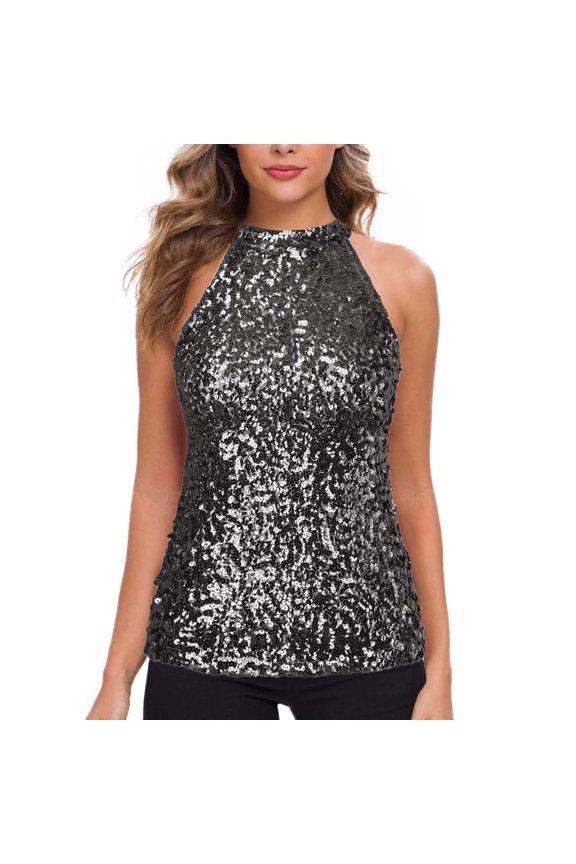 Women's Sequin Halter Top - Sleeveless Sparkling Crop Blouse for Party/Club (One Size)