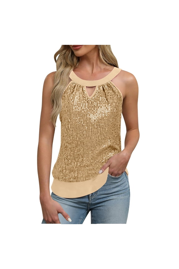 Women's Sequin Halter Top, Tie Back Sparkly Camisole, Date Night Clubwear Party