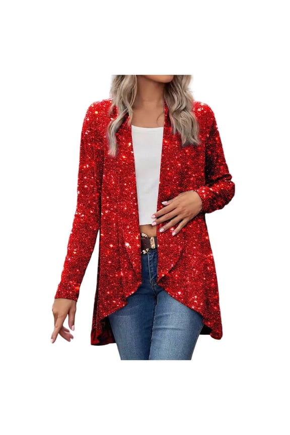 Women's Sequin Jacket Long Sleeve Tunic Blazer Coat Sparkly Open Front Overcoat Irregular Hem Jackets Plain Loose Tops Elegant Cozy Outfits for Casual Party Cocktail Stylish Comfy Costume