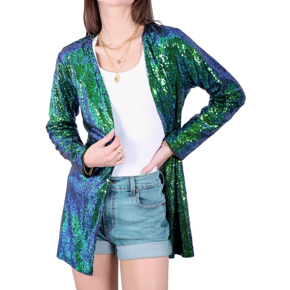 Women's Sequin Jacket Open Front Coat Blazer Party Cocktail Outerwear Cardigan, Mermaid, Small