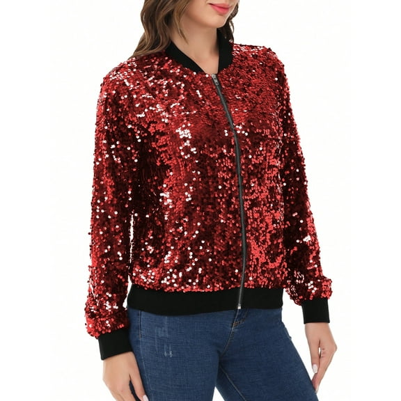 Women's Sequin Jacket Sparkle Long Sleeve Front Zip Casual Blazer Bomber Jacket With Pockets- Large, Burgundy