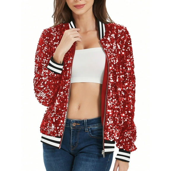Women's Sequin Jacket Sparkle Long Sleeve Front Zip Casual Blazer Bomber Jacket With Pockets- Large, Red