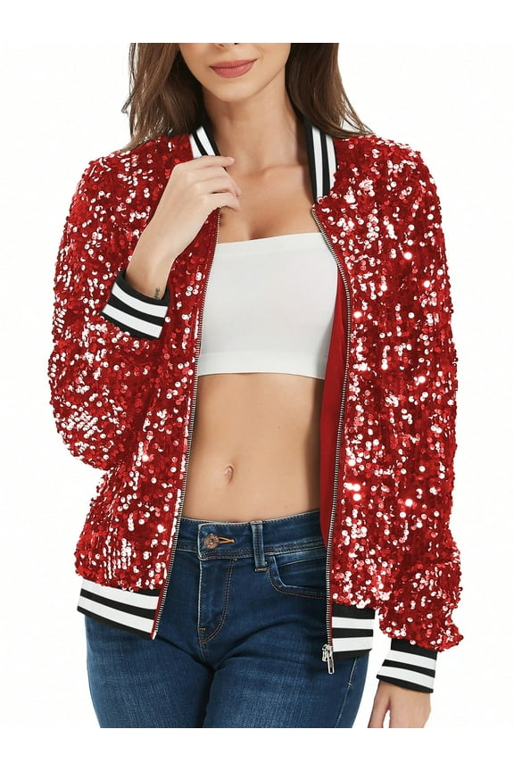 Women's Sequin Jacket Sparkle Long Sleeve Front Zip Casual Blazer Bomber Jacket With Pockets- Large, Red