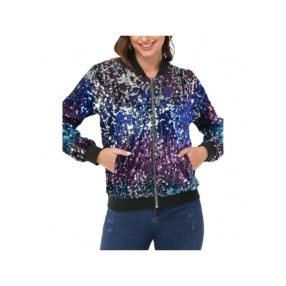 Women's Sequin Jacket Sparkle Long Sleeve Front Zip Casual Blazer Bomber Jacket With Pockets- Medium, Midnight