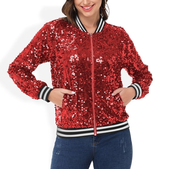 Women's Sequin Jacket Sparkle Long Sleeve Front Zip Casual Blazer Bomber Jacket With Pockets- Small, Red