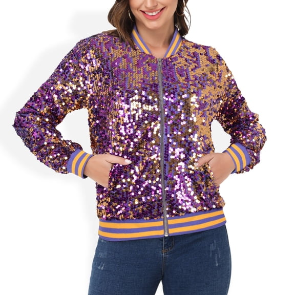 Women's Sequin Jacket Sparkle Long Sleeve Front Zip Casual Blazer Bomber Jacket With Pockets- X Large, Purple and Gold